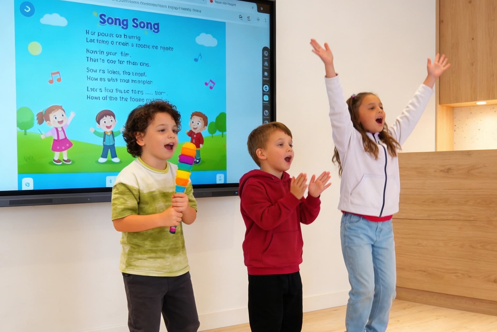 grupo de niños estudiando inglés con una pantalla tactilen the globe nativo