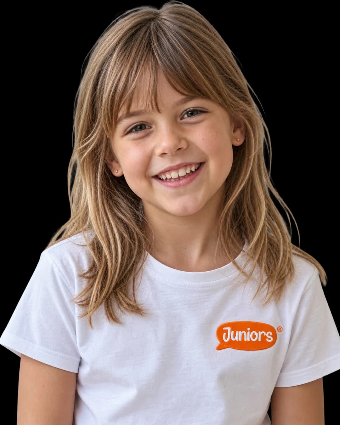 Niña sonriente con camiseta de Nativo Juniors, extraescolar de inglés para niños de 6 a 12 años en Granada